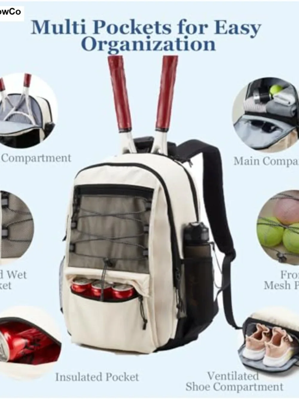 Tennis Backpack for Women Men 2 Rackets Insulated Pocket Shoe Compartment Nylon
